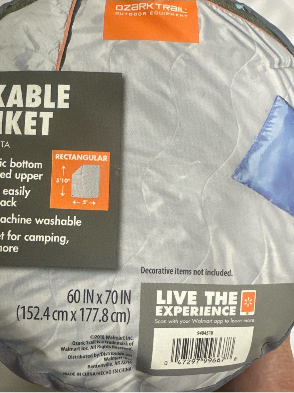 Ozark Trail Gray Outdoor Packable Blanket with Blue Accent 60x70 inches
